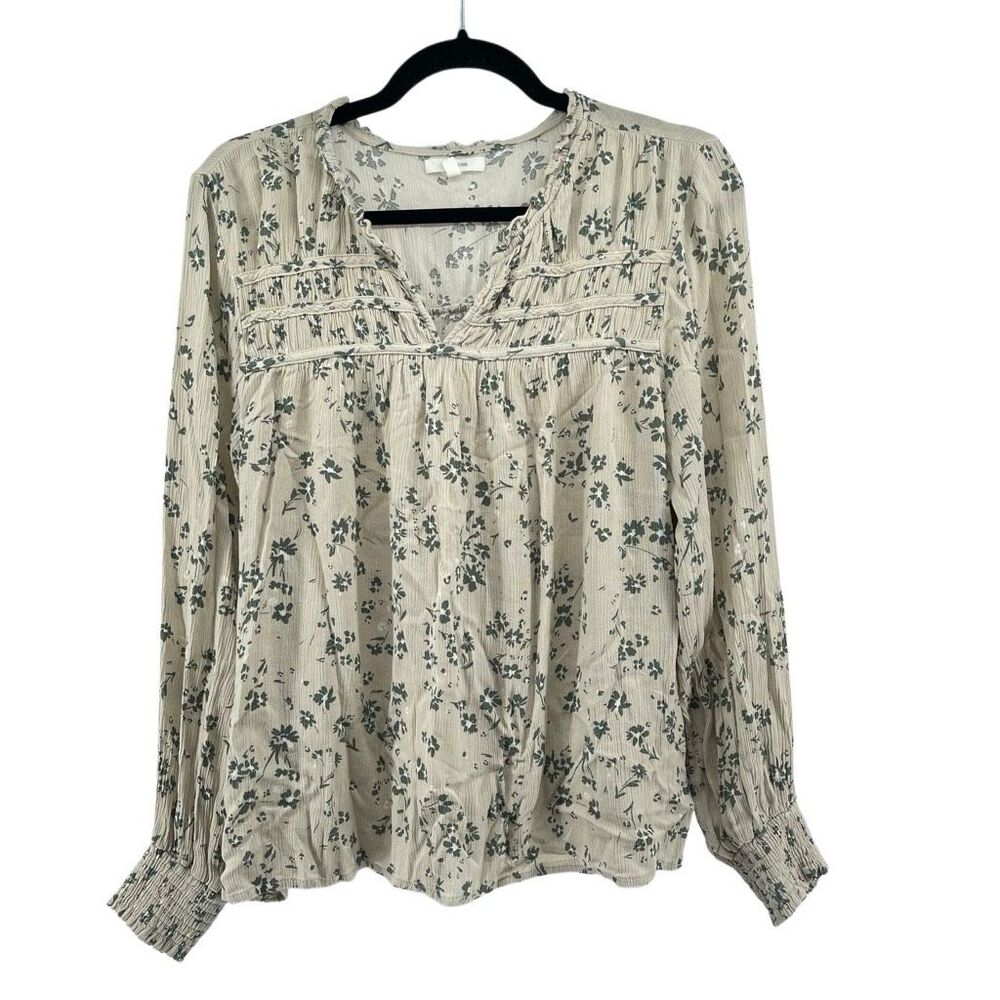 Maurices Large Oatmeal Floral Peasant Top Ruffle V-Neck Long Sleeve 100% Rayon - Picture 2 of 14